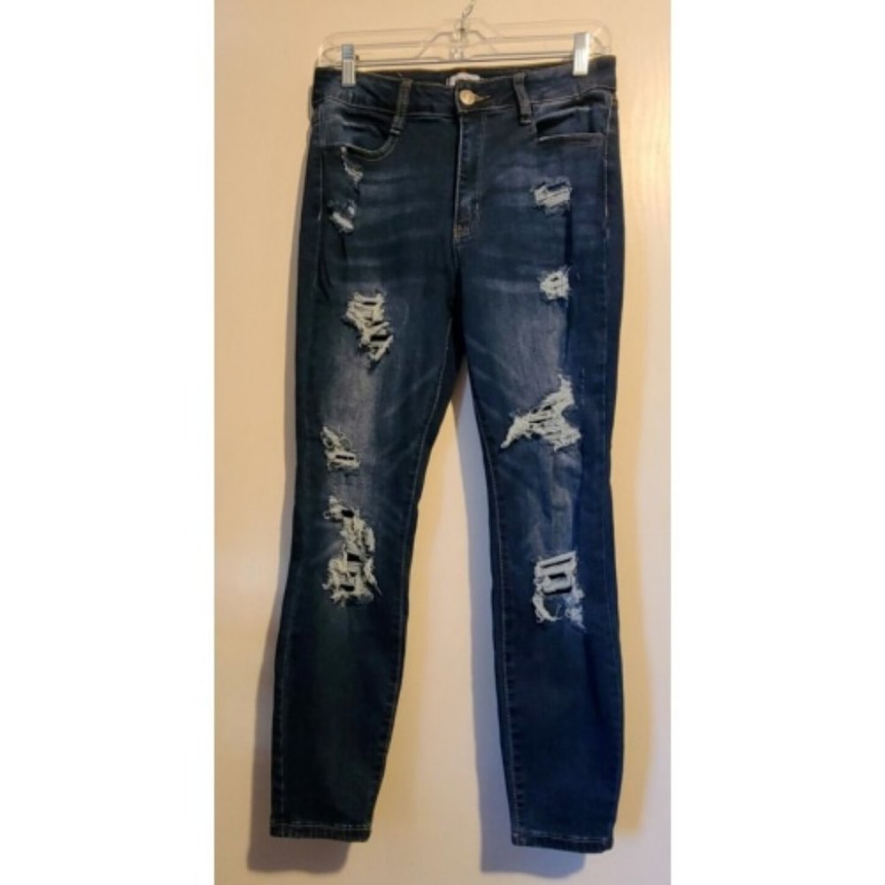 Girls Rue 21 Dark Blue Straight Leg Distressed Denim Jeans Size 8